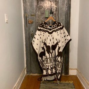 Vintage wool blanket poncho cape cream and brown dear nature print unisex One Si